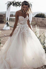 A Line Sweetheart Long Cheap Tulle Wedding Dresses with Lace Appliques DMM81
