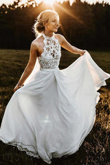 Simple A-Line Halter Sleeveless Chiffon Long Beach Summer Wedding Dress with Lace DMH89