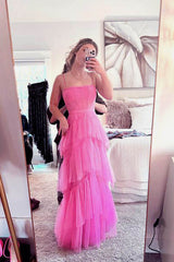 A Line Hot Pink New Arrival Spaghetti Straps Floor Length Prom Dresses With Ruffles DMP114