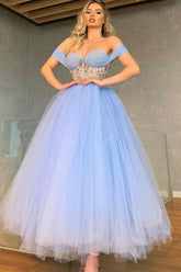 Unique Off-the-Shoulder Sweetheart Cristal A Line Tea Length Tulle Prom Dress DM1955