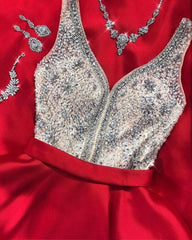 Red A Line Long Backless Beaded Prom Dress with Pockets DMK67