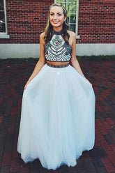 Two Piece Halter Embroidered Tulle Prom Dresses Cheap A Line Long Formal Dresses DMN78