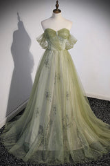 A Line Green Tulle Sweetheart Long Prom Dress, Formal Evening Dress with Beading DMP293