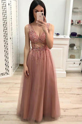 New A Line V Neck Beading Prom Dresses, Long Tulle Prom Dress DMK23