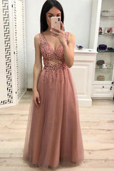 New A Line V Neck Beading Prom Dresses, Long Tulle Prom Dress DMK23