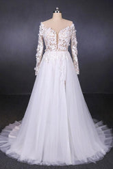 A Line Tulle Lace Appliques Long Sleeves Wedding Dress, Cheap Bridal Dresses DMQ28