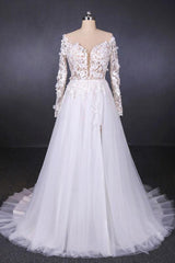 A Line Tulle Lace Appliques Long Sleeves Wedding Dress, Cheap Bridal Dresses DMQ28