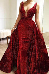 Burgundy Sequins Long V Neck Prom Dresses Lace Evening Dresses DMP1