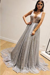 A-Line Sleeveless Silver Long Prom Dresses, V Neck Sleeveless Prom Gown DMP78