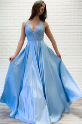A-line V neck Lace Appliques Long Satin Prom Dresses Blue Evening Party Dresses DMR67