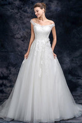 A Line Off the Shoulder Appliques Tulle Long Wedding Dress, Bridal Dresses DMQ26