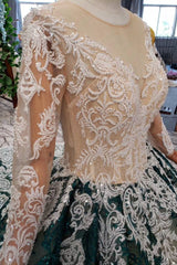 Green Long Sleeves Ball Gown Lace Prom Dress with Appliques, Long Prom Gown DMP51