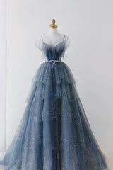 Dusty Blue Sparkly Tulle Beaded Prom Dress, Tiered Formal Gown With Rhinestone DM1932