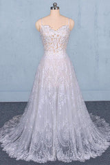 A Line Spaghetti Straps Long Elegant Wedding Dresses With Lace DMQ11