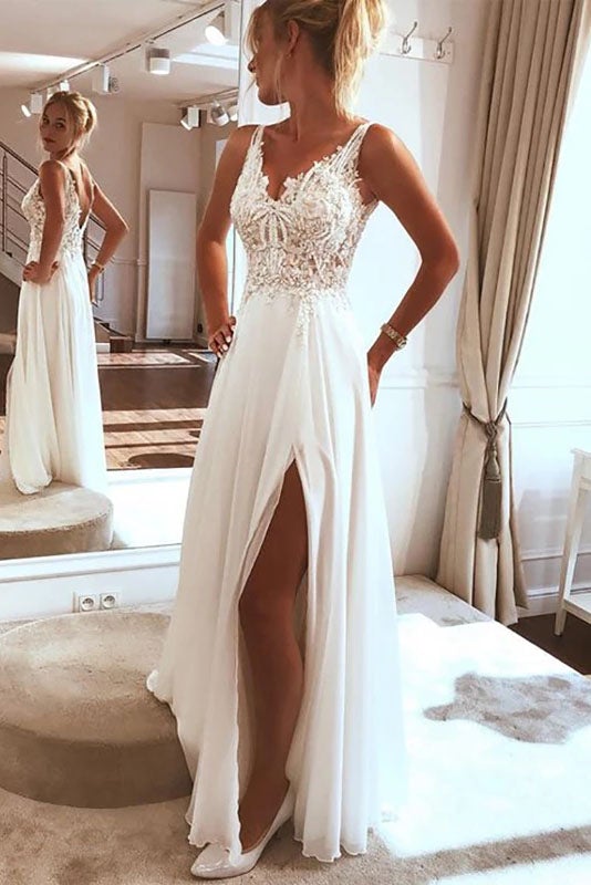 Stunning A Line Lace Top Chiffon Boho Bride Dress With Slit Wedding Go Bellapromdress Stunning A Line Lace Top Chiffon Boho Bride Dress With Slit Wedding Go Bellapromdress