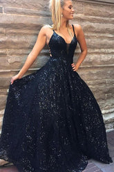 A Line Spaghetti Straps Floor Length Navy Sequined Prom Dress DMQ61