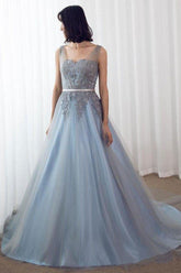 Sky Blue Formal Long Lace Appliqued Gray Tulle Prom Dresses Cheap Quinceanera Dresses DMP2