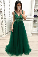 Fashion A Line V Neck Beading Prom Dresses, Long Tulle Green Prom Dress DMK24