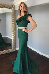 Cheap Two Pieces Mermaid One Shoulde Green Prom Dress With Ruffles DMK69