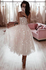 A Line Spaghetti Straps Tea Length Pearl Pink Prom Wedding Dress With Stars DMK73