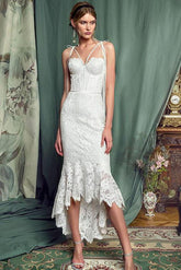 Elegant Lace White Sheath Prom Dress, Lace Simple Wedding Dress DMP70