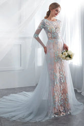 Colored Wedding Dresses Elegant Lace Long Sleeve Prom Dresses With Train DMP187
