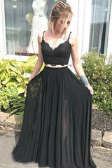 Spaghetti Strap V Neck Two Piece Long Prom Dresses Black Lace Evening Dress DMO99