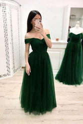 Simple A Line Off the Shoulder Prom Dresses, Long Tulle Green Prom Dress DMK25