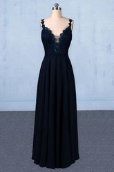 Navy Blue Chiffon V Neck A Line Long Prom Dresses With Lace Top DMQ21