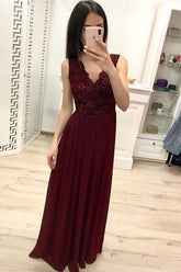 Burgundy Chiffon Lace Appliques Prom Dresses, Long Cheap Prom Gown DMK30