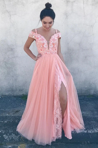 Deep V Neck Off Shoulder Pink Lace Floral Prom Dress Formal Evening Dresses DMP192