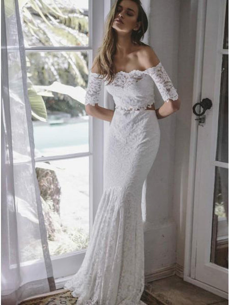 Two Piece Mermaid Off-the-Shoulder Lace Wedding Dress with Sleeves DMR22
