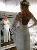 Sheath V-Neck Backless Wraps Lace Beach Wedding Dress with Split DMR34