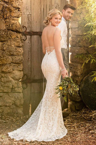 Mermaid Spaghetti Straps Backless Ivory Lace Wedding Dress DML61