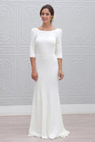 Simple Sheath Bateau Backless 3/4 Sleeves Sweep Train Beach Wedding Dress DMS35