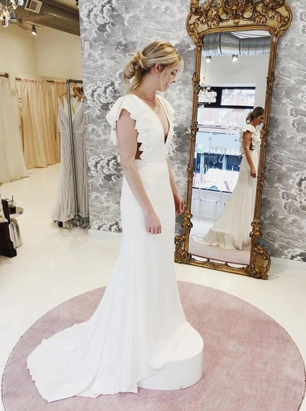 Mermaid V-Neck Cap Sleeves Backless Wedding Dress with Ruffles DMM27