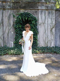 Mermaid V-Neck Cap Sleeves Backless Wedding Dress with Ruffles DMM27