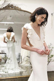 Mermaid V-Neck Cap Sleeves Backless Wedding Dress with Ruffles DMM27