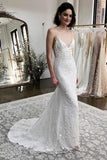 Mermaid Spaghetti Straps Sweep Train Appliqued Wedding Dress DMM24