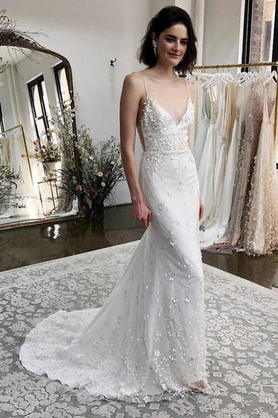 Mermaid Spaghetti Straps Sweep Train Appliqued Wedding Dress DMM24