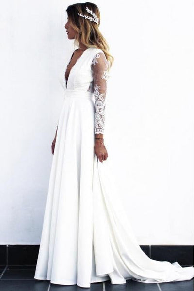 A-Line V-Neck Open Back Long Sleeves Wedding Dress with Lace Appliques DMR82