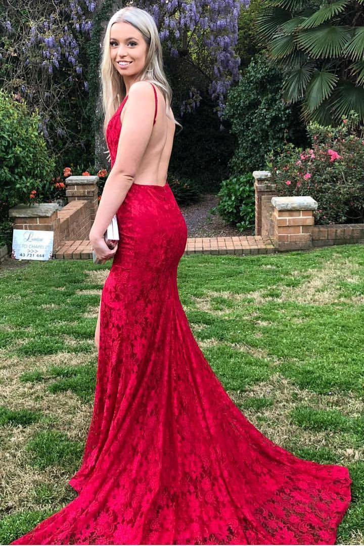 Red Lace Spaghetti Strap Backless Prom Dresses, Mermaid Prom Dress DMJ79