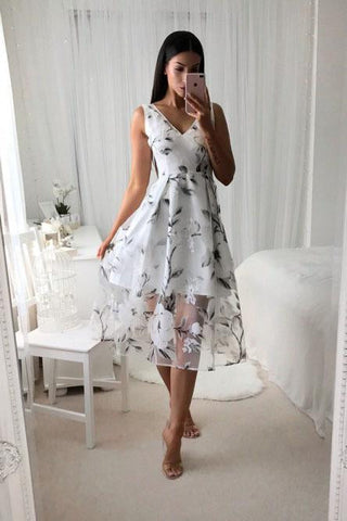 A-Line V-Neck Printed Tea Length Prom Dress with Pleats DML40