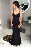 Mermaid Spaghetti Straps Sweep Train Black Prom Dress with Floral Embroidery DMK65