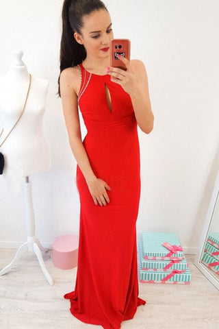 Mermaid Crew Open Back Floor-Length Red Prom Dress with Keyhole DMR7