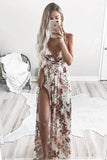 A-Line Deep V-Neck Printed Chiffon Prom Dress with Split DMR2