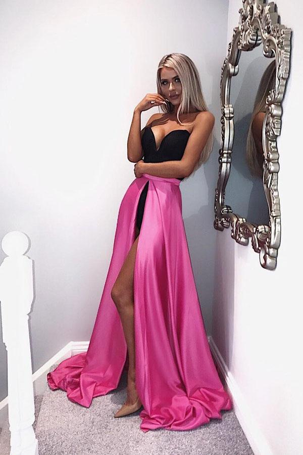 A-Line Sweetheart Detachable Fuchsia Satin Prom Dress DML86