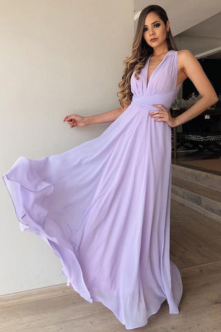 A-Line V-Neck Floor-Length Lilac Chiffon Prom Bridesmaid Dress DML74