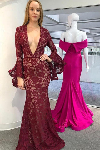 Burgundy Mermaid Deep V-Neck Long Sleeves Lace Prom Dress DML88