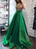 A-Line Halter Backless Sweep Train Royal Blue Prom Dress with Beading Pockets DMN33